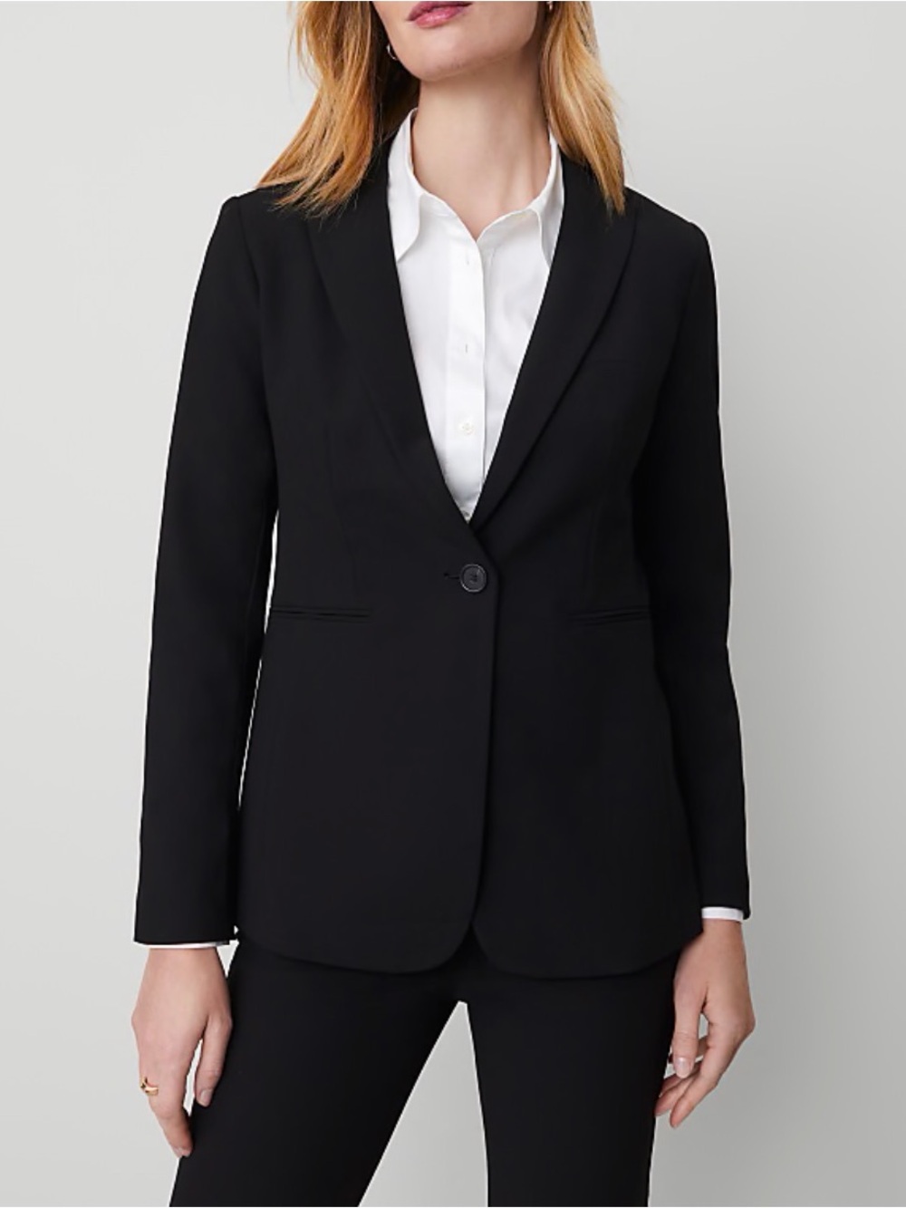 Ann Taylor: The Long One-Button Blazer in Bi-Stretch